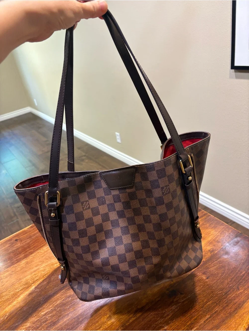 Louis Vuitton Brown Check Tote with Red Interior neverful limted edition